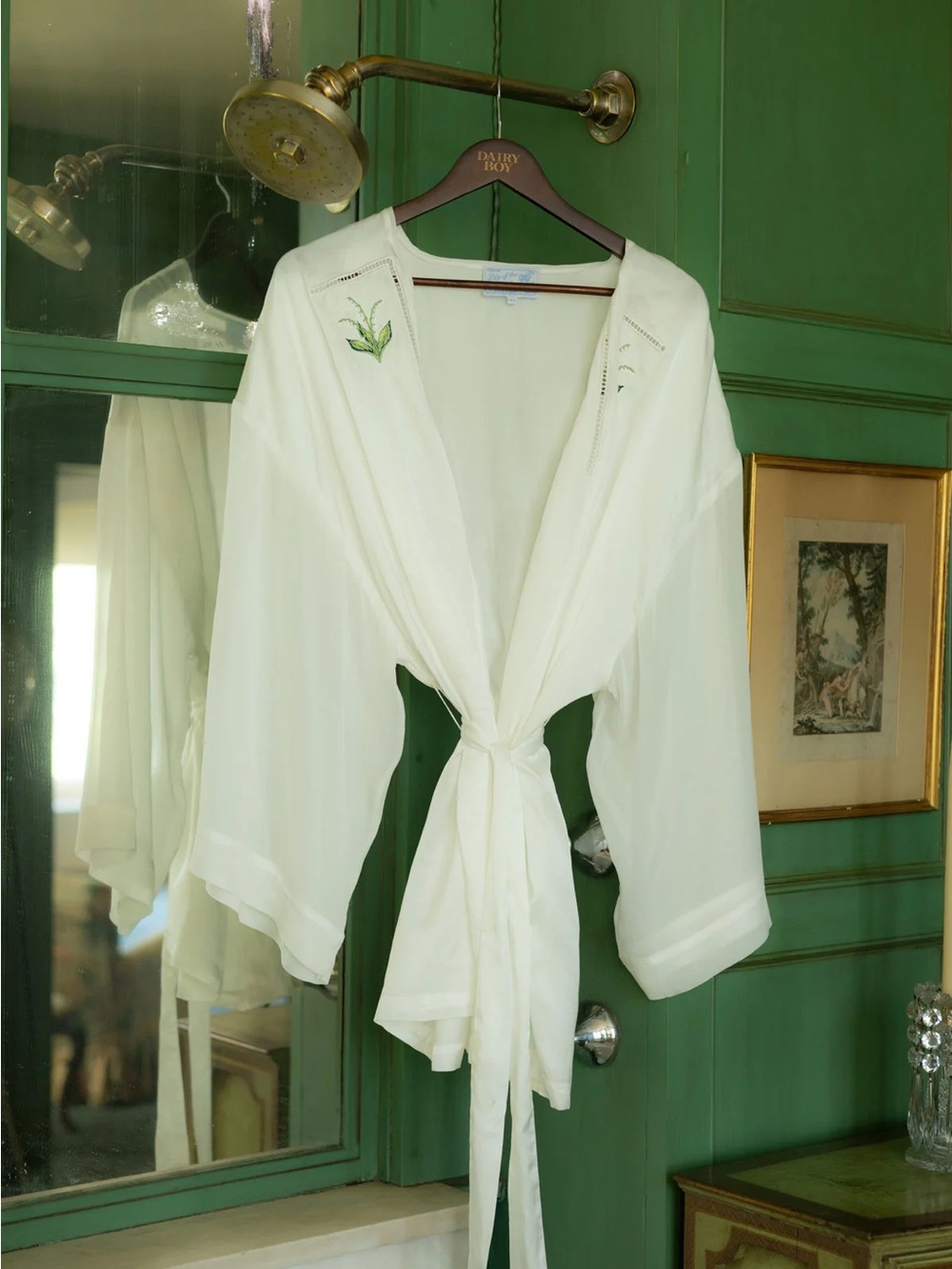 Dairy Boy Lily Robe White Tie-Front with Delicate Embroidery